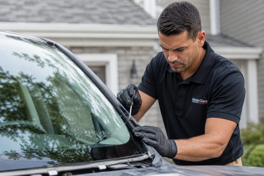 Auto glass technician repairing a windshield in El Paso, TX
